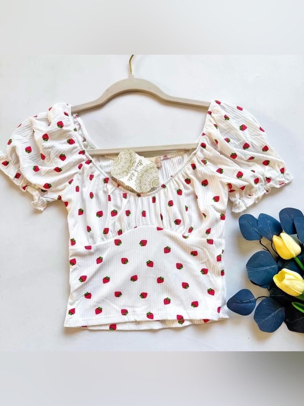 Altar'd State White Strawberry Puff-Sleeve Crop Top NWT S/M/L